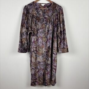 Vintage Simply Basic Robe‎ Housecoat Womens 1X Velvet Grannycore Floral Snap Up